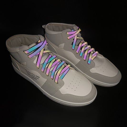 Coolstring Black and White Flat-type Holographic Reflective Shoelaces 8mm Wide Glowy Night Colorful Night Run Party Women & Men