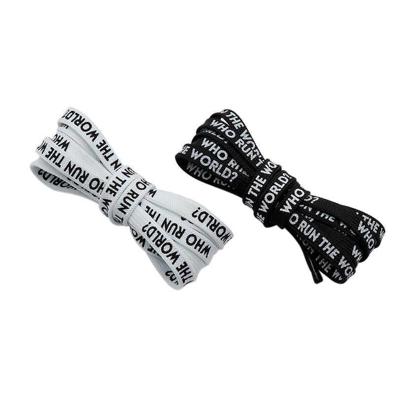 7MM WHO RUN THE WORLD Text Silk Screen Printing Plain Shoelaces White Black Draw Laces Men Women