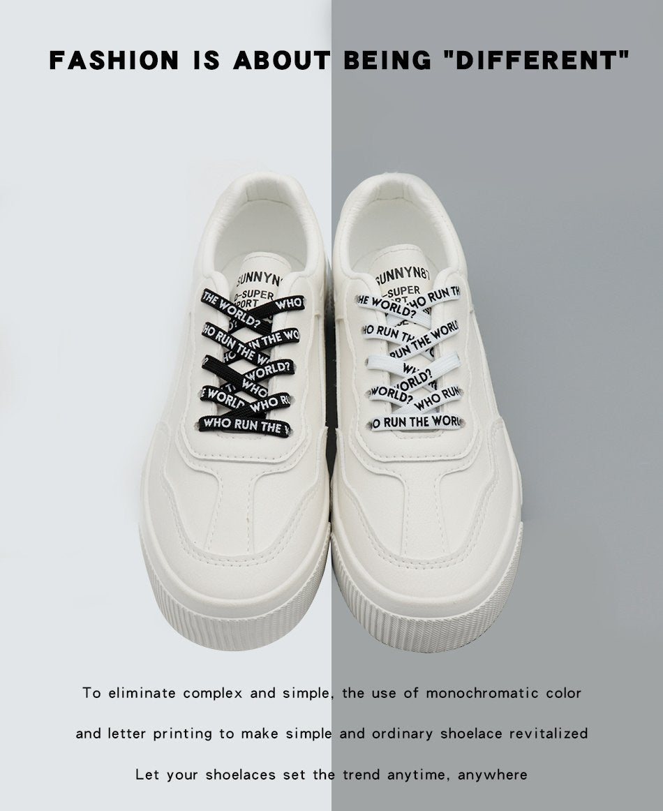 7MM WHO RUN THE WORLD Text Silk Screen Printing Plain Shoelaces White Black Draw Laces Men Women