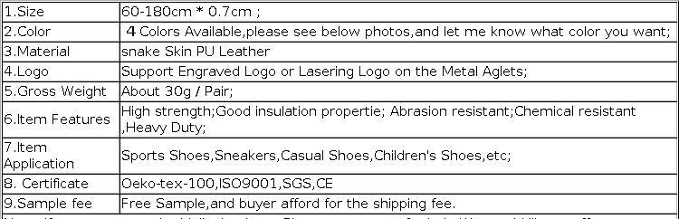 6 Colors Flat Snakeskin Snake Shoe Laces Luxury PU Leather LE ShoeLaces With Gold Metal Aglets For