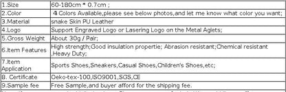 6 Colors Flat Snakeskin Snake Shoe Laces Luxury PU Leather LE ShoeLaces With Gold Metal Aglets For