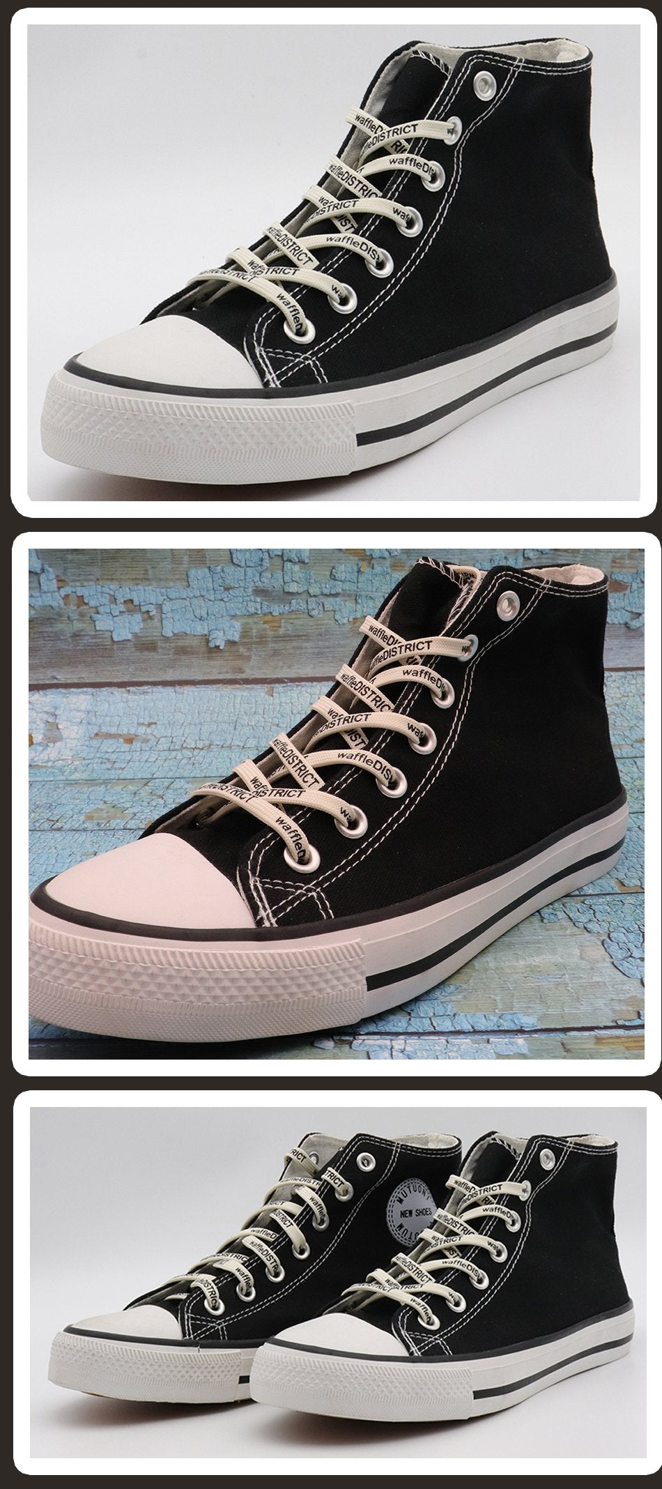 7mm Beige Black "waffleDISTRICT" Letter Printing Shoelaces Unisex Canvas Sneakers Universal Cordens