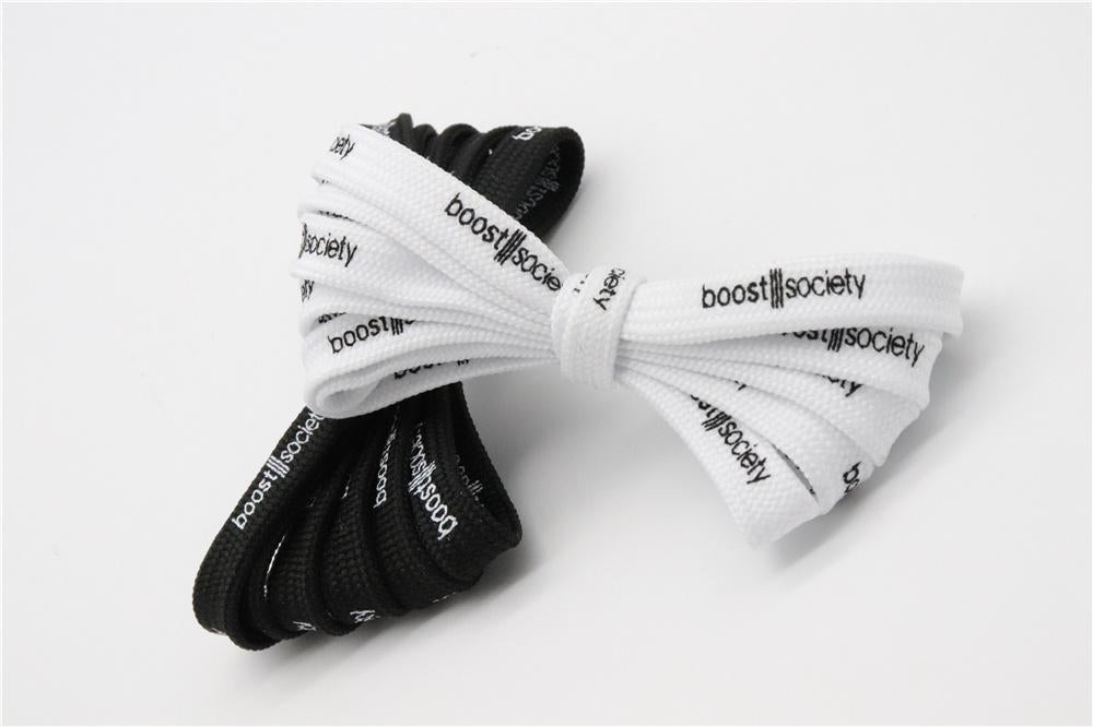 7MM  "boos society" Letter Silk Printing White Black Shoelaces изи буст кроссовки Flat Ropes Easy