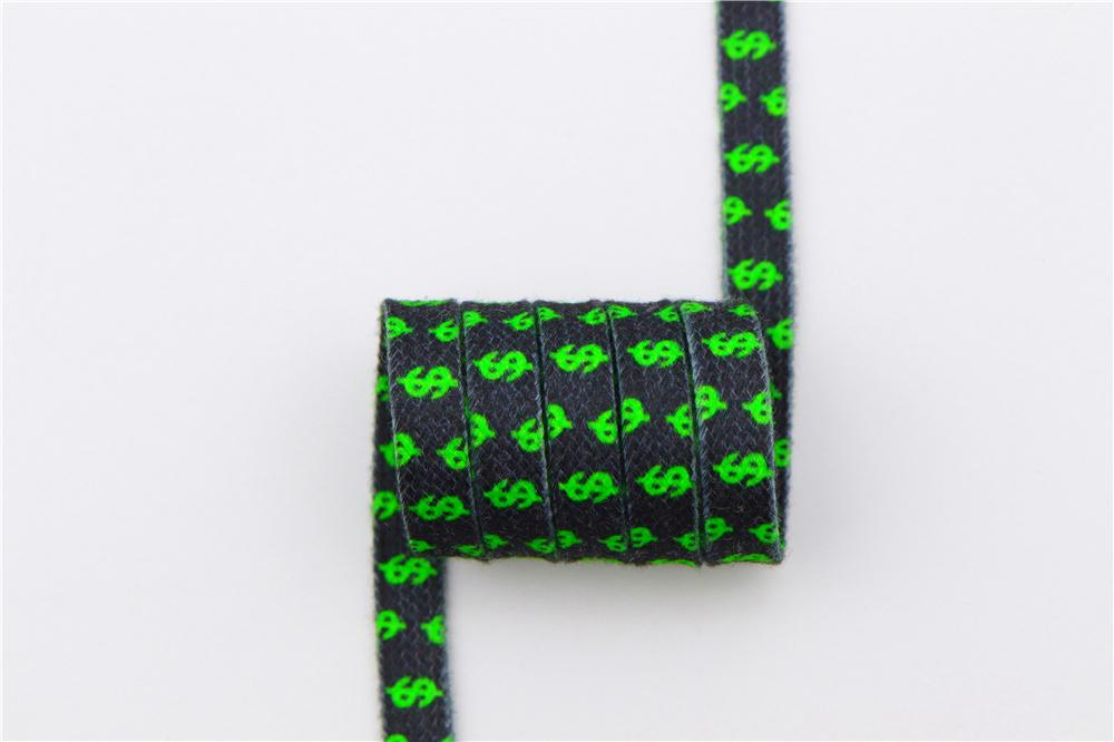 8MM Flat Canvas Polyester Cotton Laces Black-Green Dollar Heat Transfer Printing Pattern Top Ropes