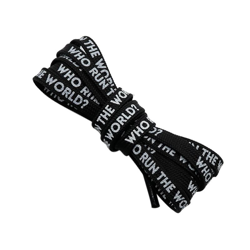7MM WHO RUN THE WORLD Text Silk Screen Printing Plain Shoelaces White Black Draw Laces Men Women