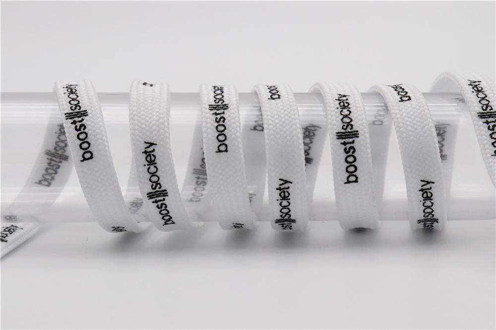 7MM  "boos society" Letter Silk Printing White Black Shoelaces изи буст кроссовки Flat Ropes Easy