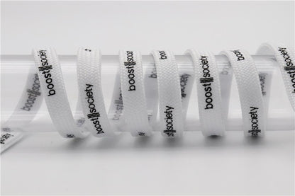 7MM  "boos society" Letter Silk Printing White Black Shoelaces изи буст кроссовки Flat Ropes Easy
