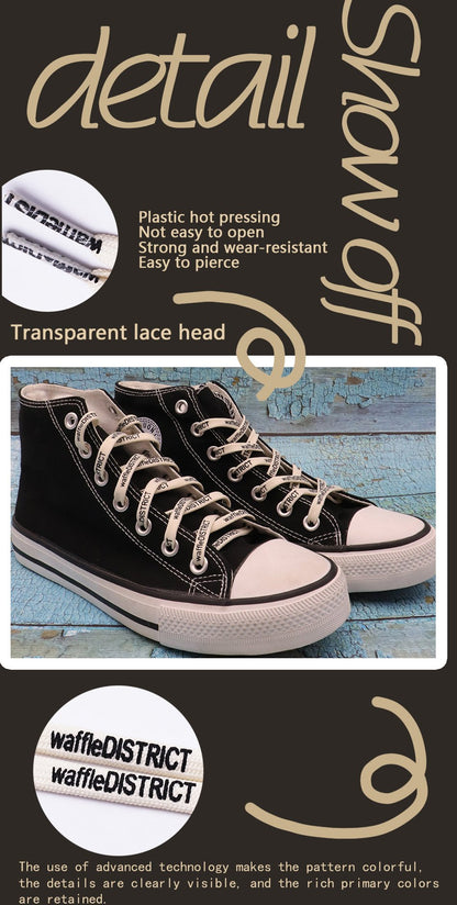7mm Beige Black "waffleDISTRICT" Letter Printing Shoelaces Unisex Canvas Sneakers Universal Cordens