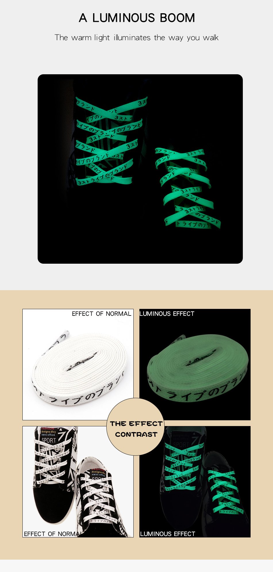 Double Polyester Silk Screen Luminous Night Glow Laces With Black Japanese Katakana Absorb Sunlight
