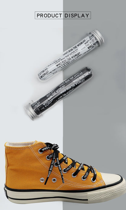 7MM WHO RUN THE WORLD Text Silk Screen Printing Plain Shoelaces White Black Draw Laces Men Women