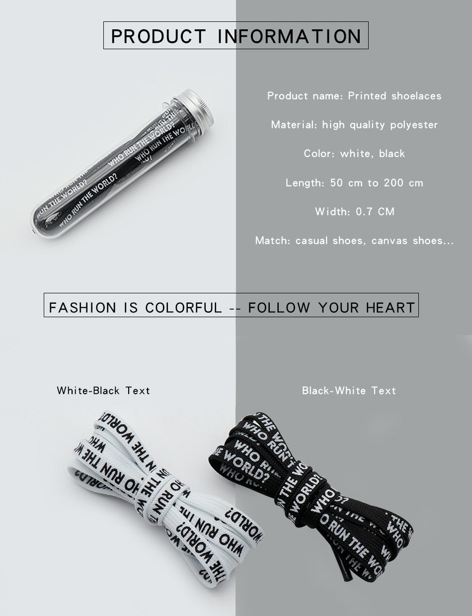 7MM WHO RUN THE WORLD Text Silk Screen Printing Plain Shoelaces White Black Draw Laces Men Women