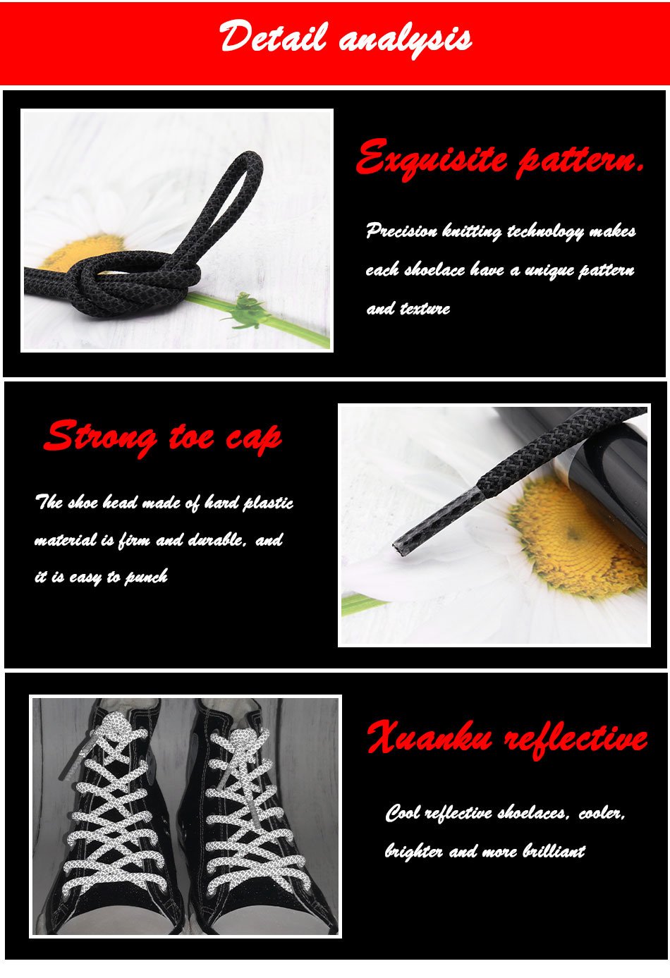 Shoe Accessories 4.7MM Black White Reflective Glowing shoestring 120CM Polyester Shoe Ropes Strong