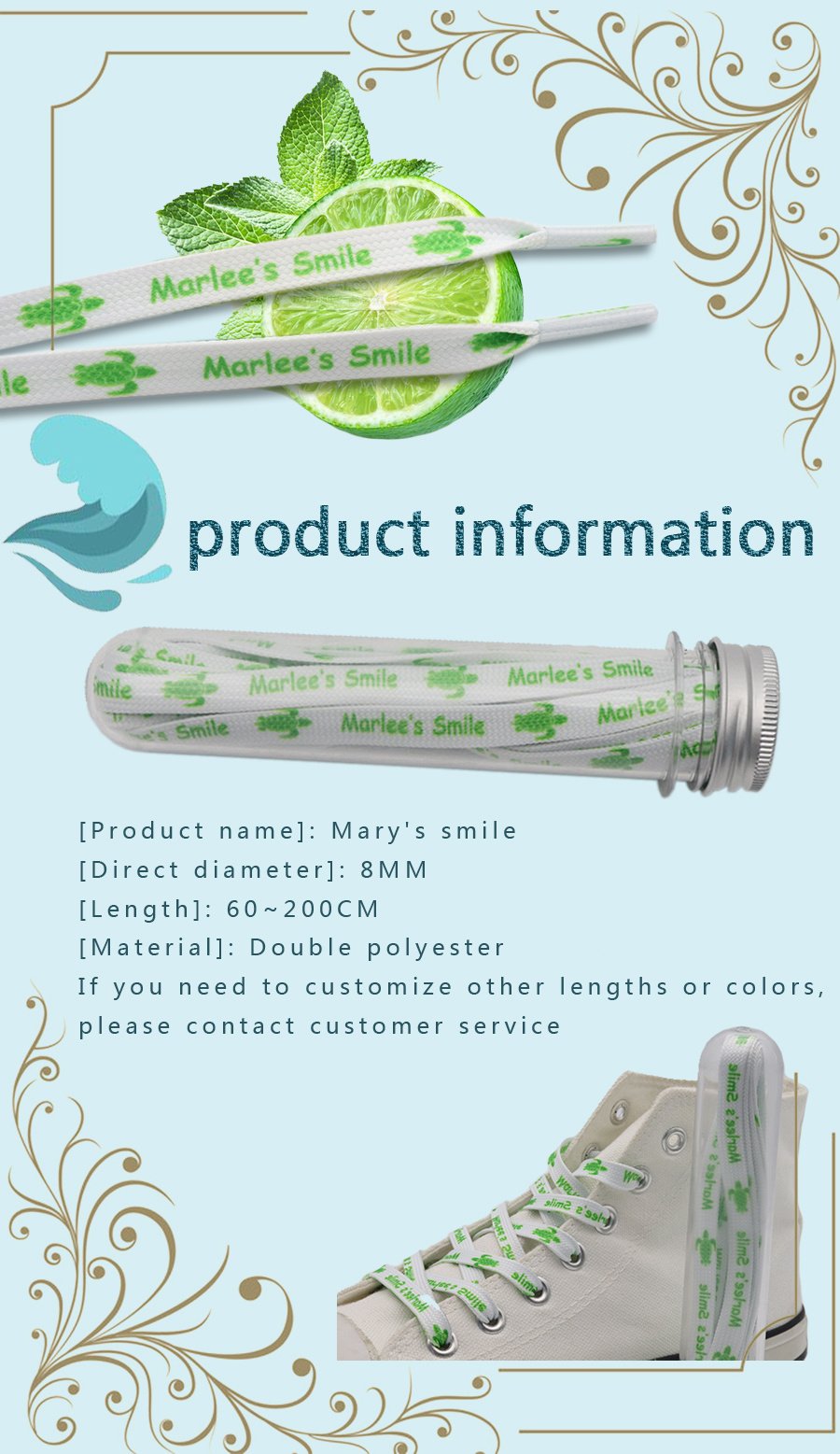 8MM White-Green Turtle Pattern High Quality Shoelace "Marlee's Smile" Letter Printing Rope изи буст