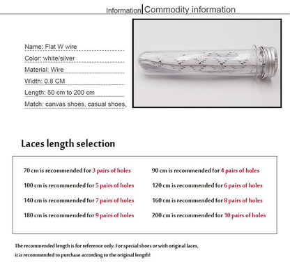 8MM Top Shoelaces Clothing White-Sliver Metallic Wire Laces Charmed Women Sneaker Canvas Boot