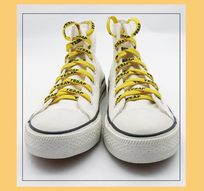 7MM Superior Shoe Accessory Silk Screen Yellow Black Letter Printing Unisex Canvas Shoelaces