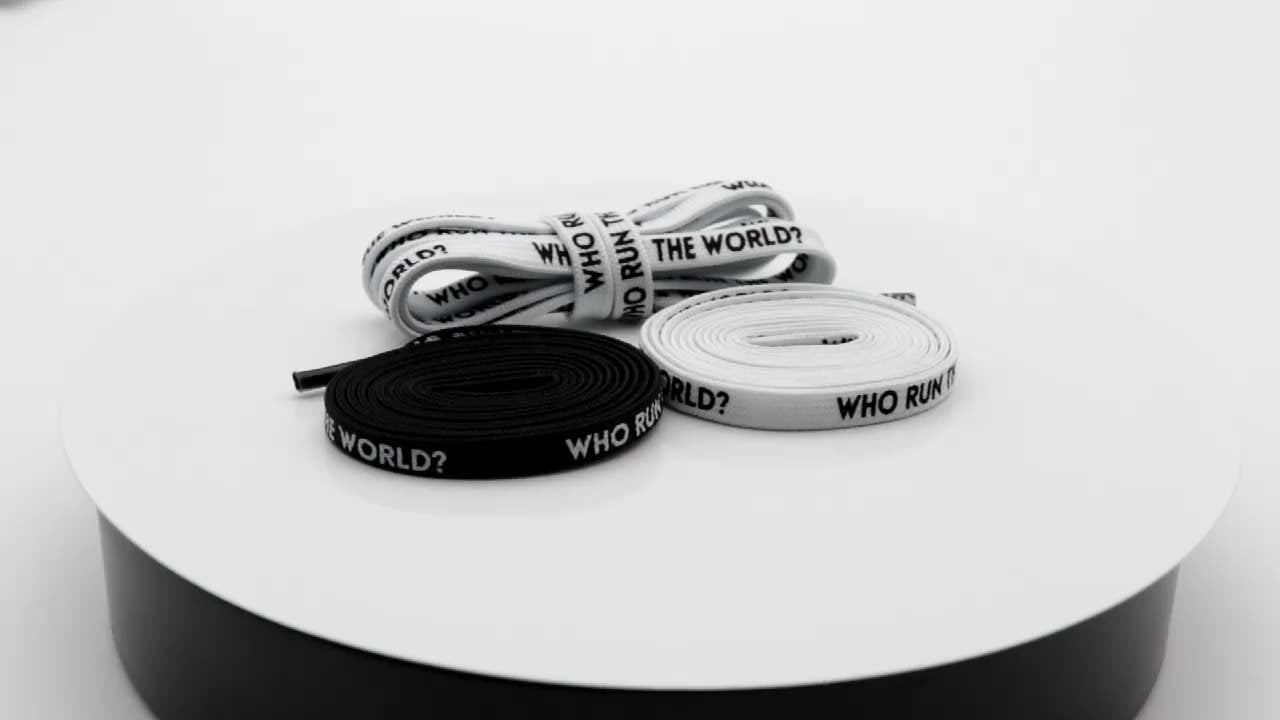 7MM WHO RUN THE WORLD Text Silk Screen Printing Plain Shoelaces White Black Draw Laces Men Women