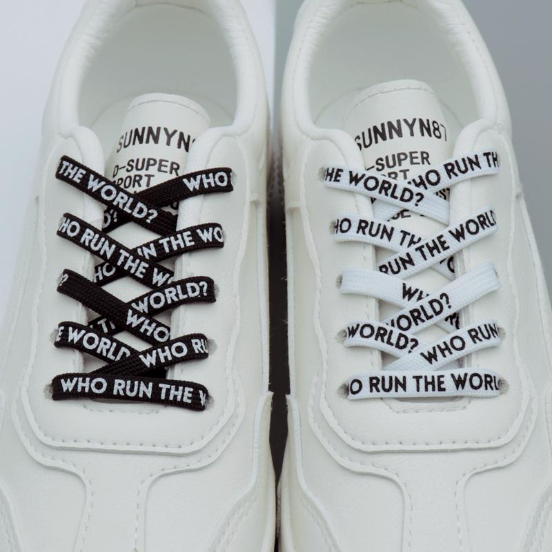 7MM WHO RUN THE WORLD Text Silk Screen Printing Plain Shoelaces White Black Draw Laces Men Women
