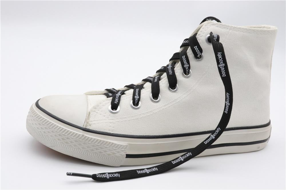 7MM  "boos society" Letter Silk Printing White Black Shoelaces изи буст кроссовки Flat Ropes Easy