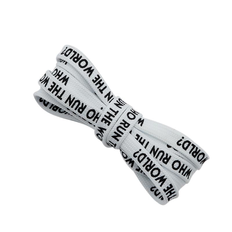 7MM WHO RUN THE WORLD Text Silk Screen Printing Plain Shoelaces White Black Draw Laces Men Women