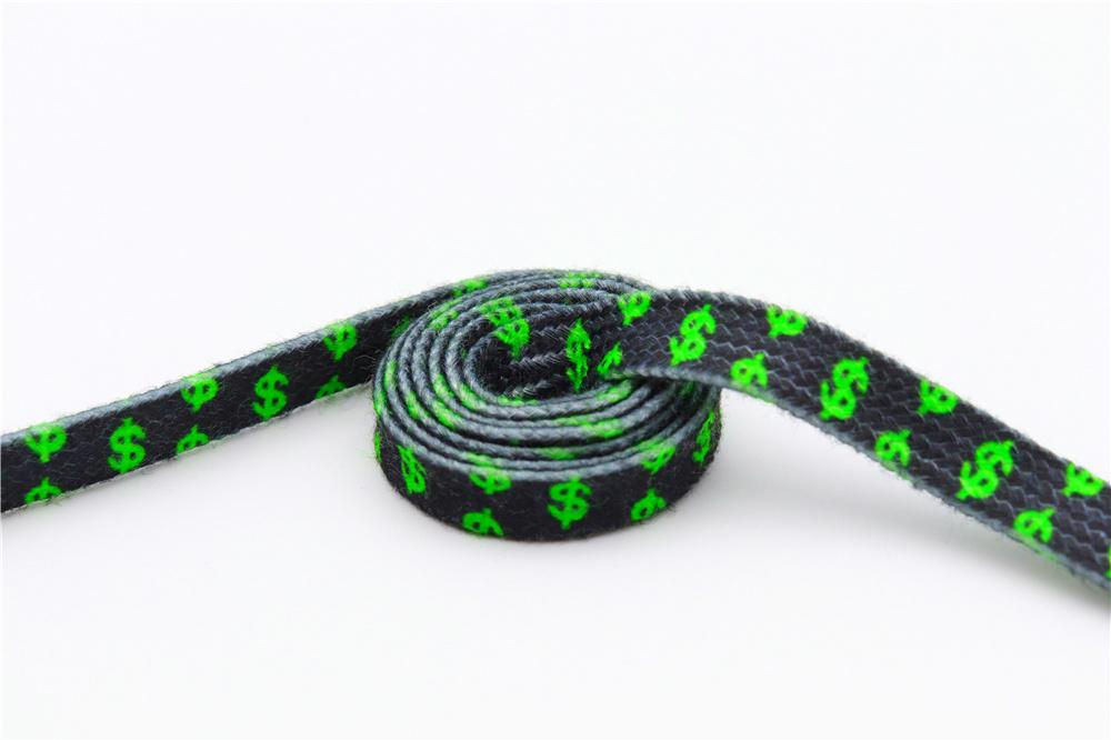 8MM Flat Canvas Polyester Cotton Laces Black-Green Dollar Heat Transfer Printing Pattern Top Ropes