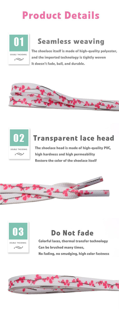 7MM Floral Heat Transfer Printing Shoe Laces Top Accessory Sneaker Women White Red Stamp Pretty Cord