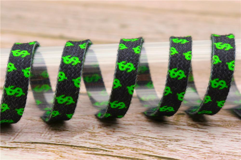 8MM Flat Canvas Polyester Cotton Laces Black-Green Dollar Heat Transfer Printing Pattern Top Ropes