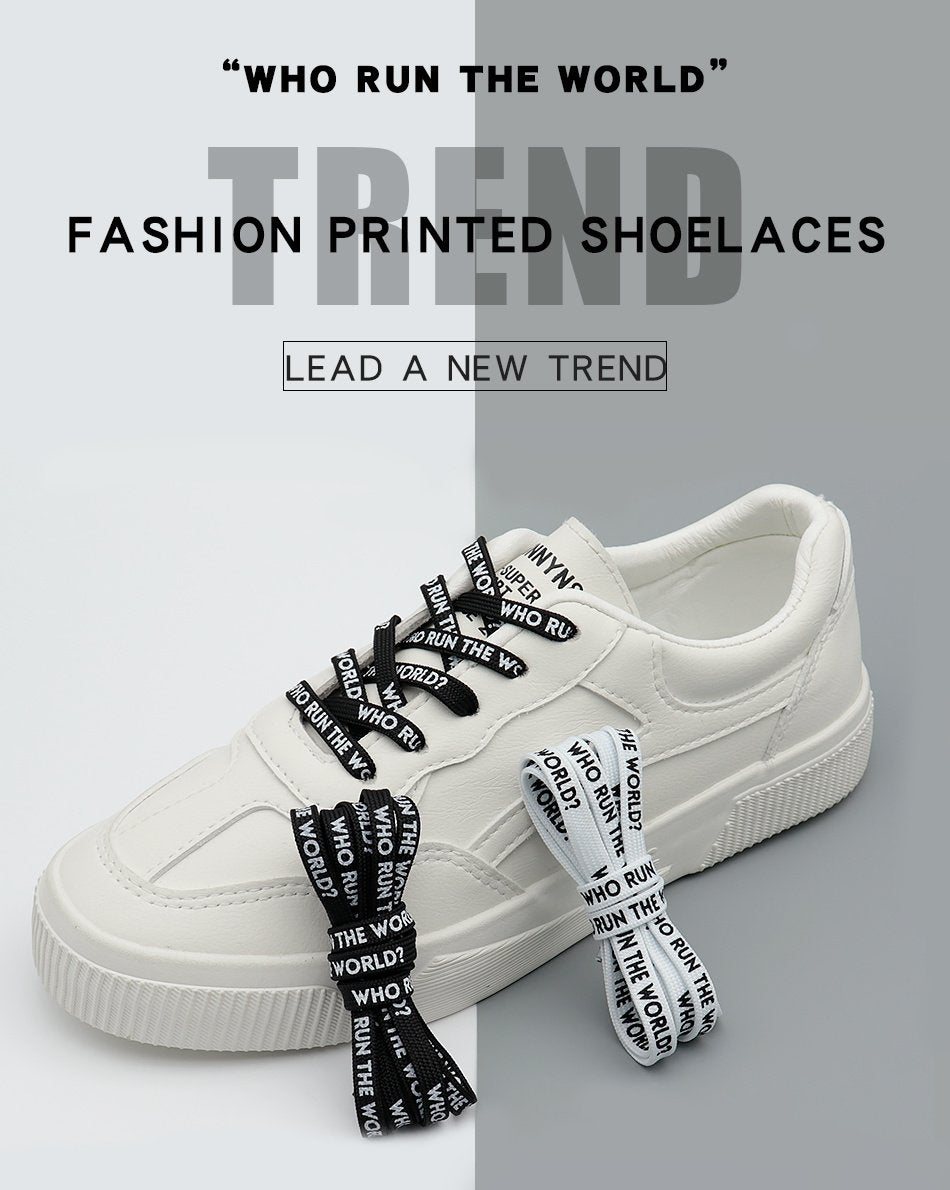 7MM WHO RUN THE WORLD Text Silk Screen Printing Plain Shoelaces White Black Draw Laces Men Women
