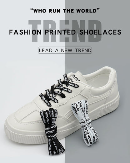 7MM WHO RUN THE WORLD Text Silk Screen Printing Plain Shoelaces White Black Draw Laces Men Women